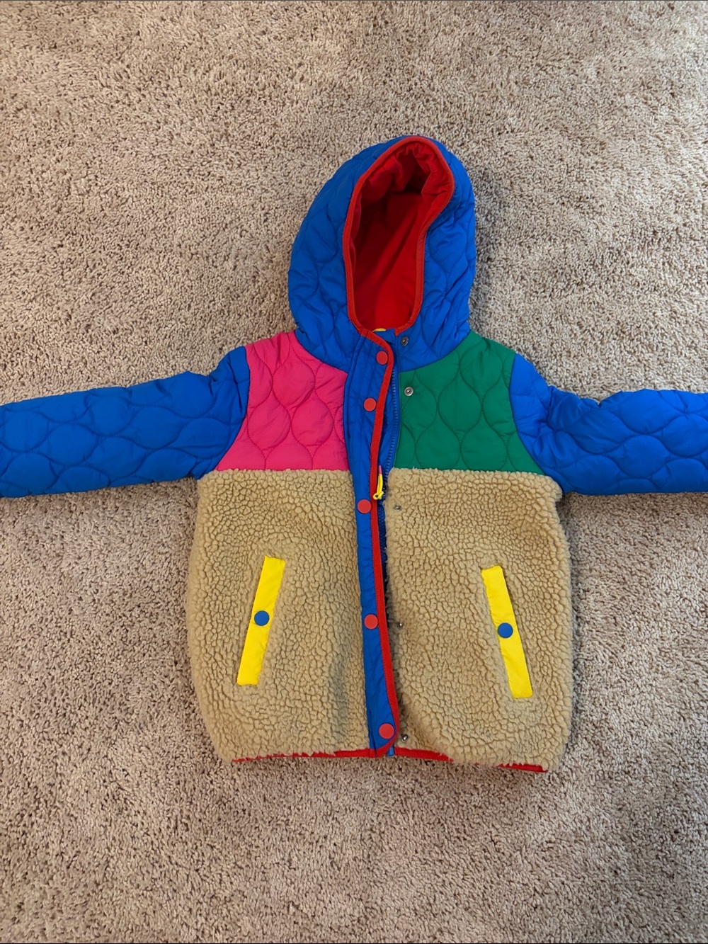 Mini Boden Colorblock Quilted & Sherpa Hooded Jacket - Blue/Green/Pink/Tan